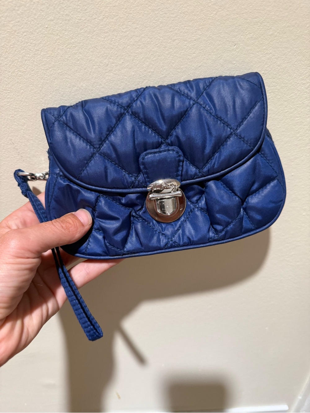 Vera Bradley Quilted Navy Blue Nylon Microfiber Wristlet Wallet Push Lock Bag